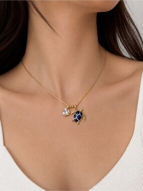 Sea Turtle & Zircon Heart Necklace | 18K Gold Over Stainless Steel chain